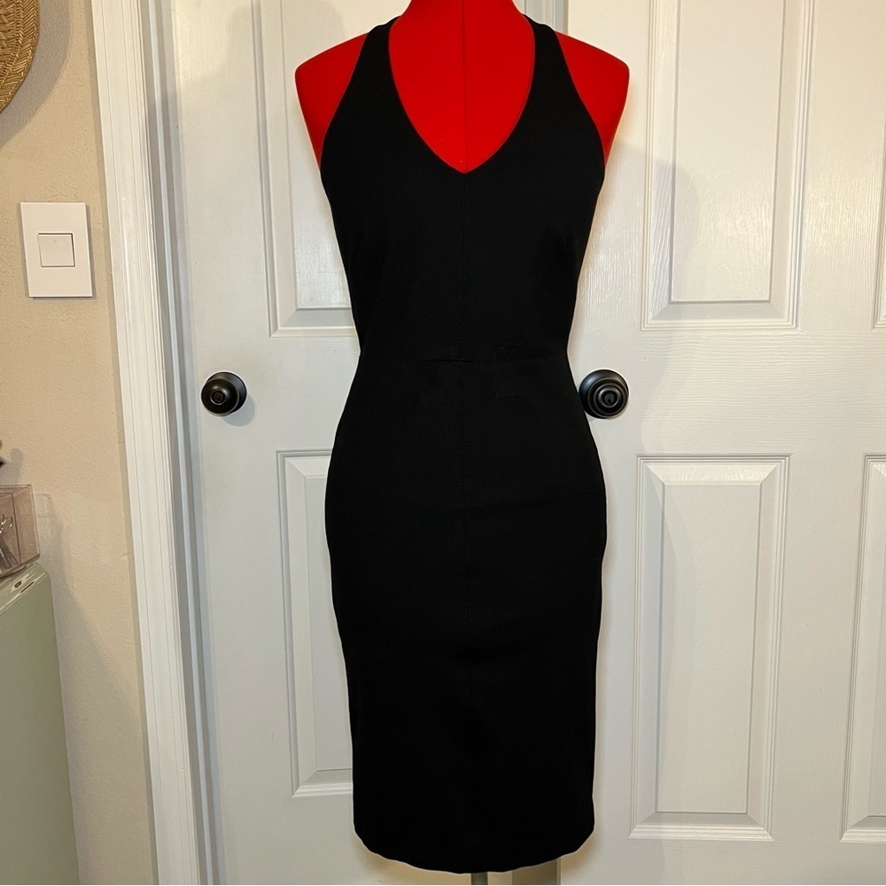 Pure Navy Black Deep V Halter Thick Heavy Bodycon Dress Womens Sz 4 Fully Lined
